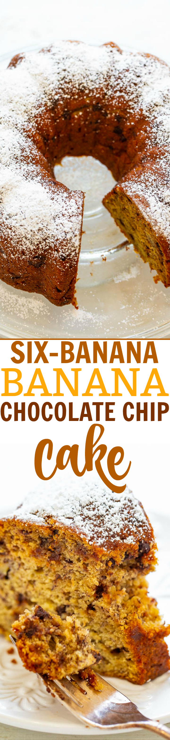 Six-Banana Banana Chocolate Chip Cake - Yes, 6 bananas in 1 cake means it's super SOFT, moist, and has robust banana flavor with chocolate chips in EVERY bite!! EASY and one bowl! Now you know what to do with all your ripe bananas!!