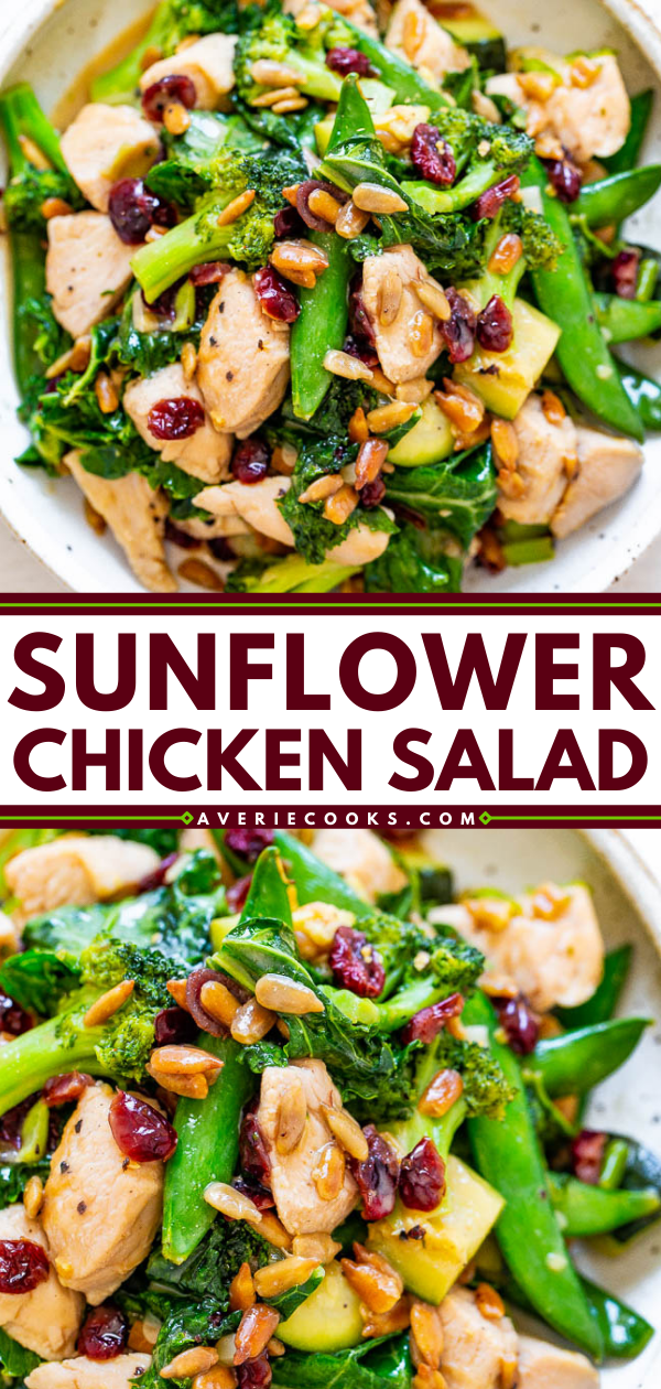 Sunflower Chicken Broccoli Salad — LOADED with juicy chicken, veggies galore, sunflower seeds, and a sunflower seed butter dressing!! EASY, healthy, ready in 15 minutes! A HEARTY and satisfying salad!!