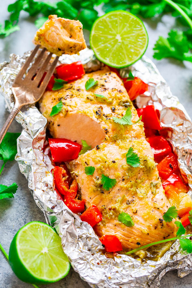 Foil Pack Lime Cilantro Salmon - EASY, ready in 10 minutes, and a FOOLPROOF way to make grilled salmon!! Tender, juicy, and bursting with Mexican-inspired flavors that everyone LOVES!!