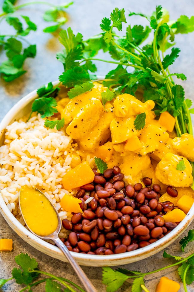 15-Minute Mango Lime Chicken with Rice and Beans - EASY, healthy, and the mango sauce spiked with lime juice is SO tasty!! You can’t go wrong with Mexican-inspired flavors, JUICY chicken, and rice and beans!!