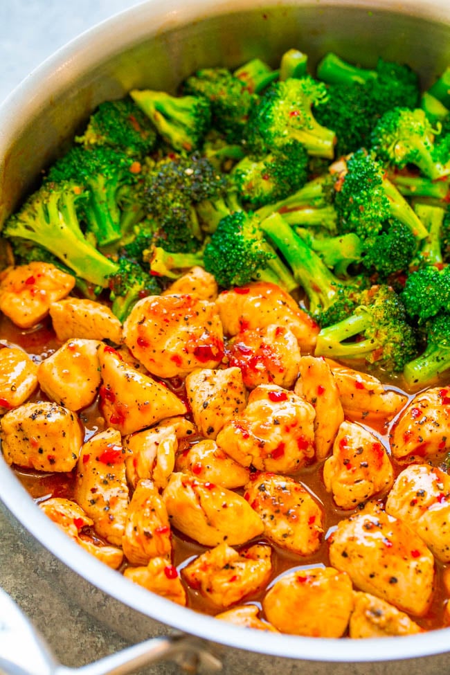 15-Minute Spicy Orange Chicken with Broccoli — The orange chili sauce is spicy, tangy, and sweet all in one!! The PERFECT sauce to jazz up chicken and broccoli! A FAST and EASY dinner with great Asian FLAVOR!!