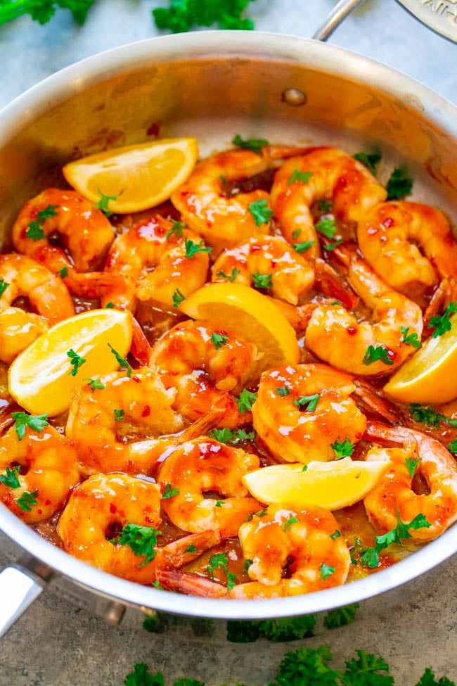 10-Minute Sweet Chili Shrimp — The sweet-and-tangy Asian-inspired orange chili sauce is PERFECT on these big juicy shrimp!! An EASY, healthy recipe that's sure to IMPRESS and ready in 10 minutes!!