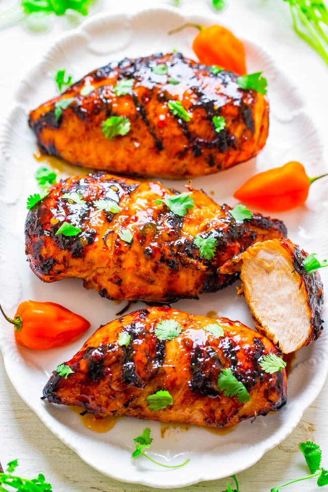 Peach Chili Grilled Chicken on a white plate 