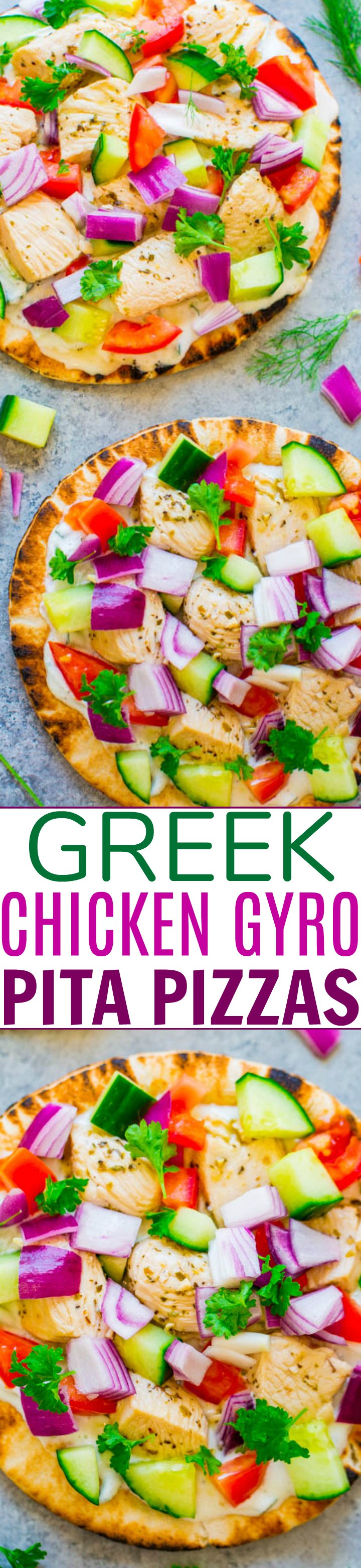 Greek Chicken Pita Bread Pizzas — Chicken gyros transformed into FAST, EASY, and HEALTHY pita pizzas!! There's juicy chicken, homemade tzatziki sauce, tomatoes, cucumbers, onions, and feta on pita bread!! FRESH and LIGHT!!