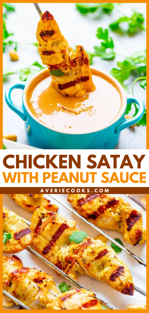 Easy Chicken Satay With Peanut Sauce — Look no further from this FAST and EASY recipe for authentic-tasting Thai chicken satay. The chicken is so tender and juicy and there's plenty of homemade PEANUT SAUCE to dip it into!