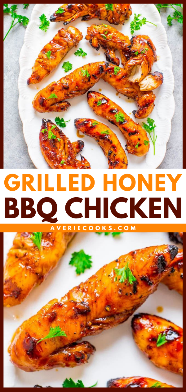 Grilled Honey BBQ Chicken — Tender, juicy, full of FLAVOR, and a great recipe to jazz up grilled bbq chicken. EASY, healthy, ready in 10 minutes, zero cleanup, perfect for backyard barbecues or easy weeknight dinners!