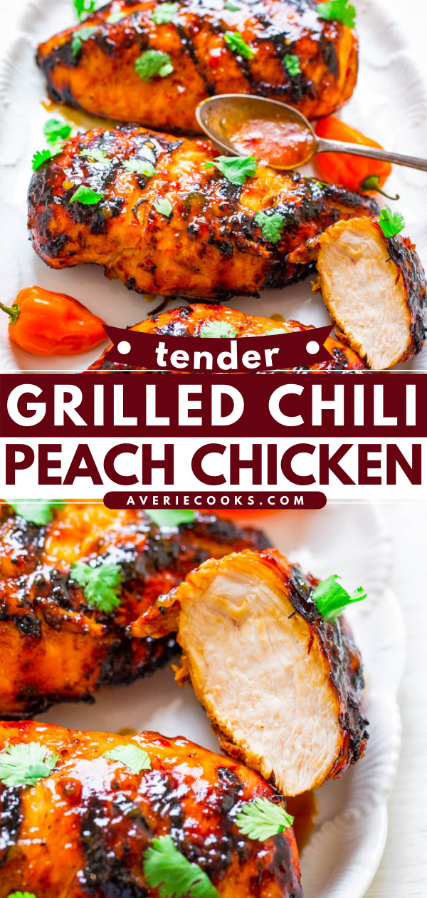 Grilled Chili Peach Chicken — Tender, juicy, and full of FLAVOR from the sweet peach preserves and chili garlic sauce!! The perfect contrast! EASY, healthy, ready in 10 minutes, zero cleanup, perfect for backyard barbecues or easy weeknight dinners!