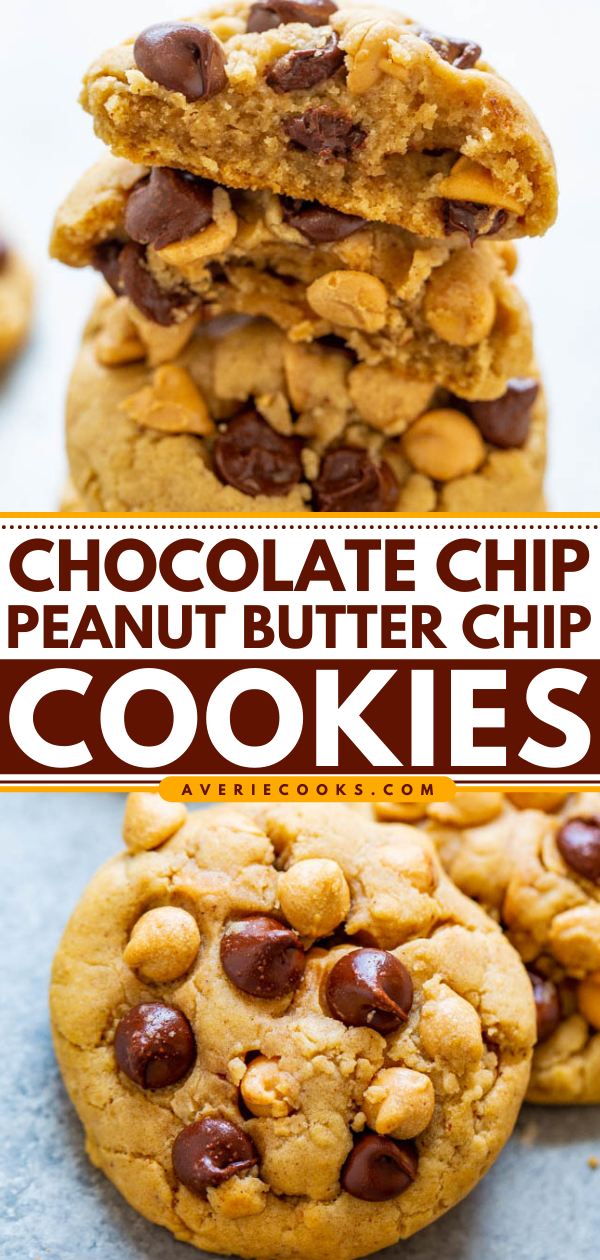 Chocolate Chip Peanut Butter Chip Cookies – Super soft, perfectly chewy, BROWNED BUTTER cookies that are LOADED with two kinds of chips!! An EASY one-bowl, no-mixer recipe for irresistibly DELISH cookies!!