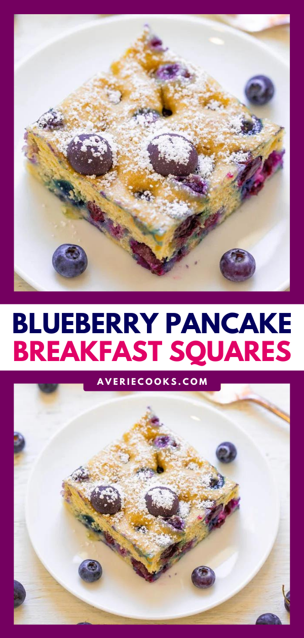 Blueberry Baked Pancakes — Craving pancakes but not the work of standing at the stove flipping them? Make these EASY oven baked pancakes with only THREE ingredients!! Perfect for weekend brunch or as a make-ahead weekday breakfast!!