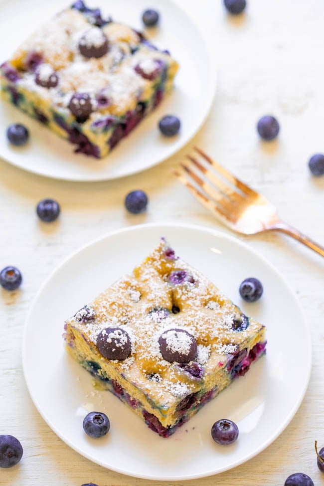 Blueberry Pancake Breakfast Squares - Craving pancakes but not the work of standing at the stove flipping them? Make these EASY breakfast squares with only THREE ingredients!! Perfect for weekend brunch or as a make-ahead weekday breakfast!!