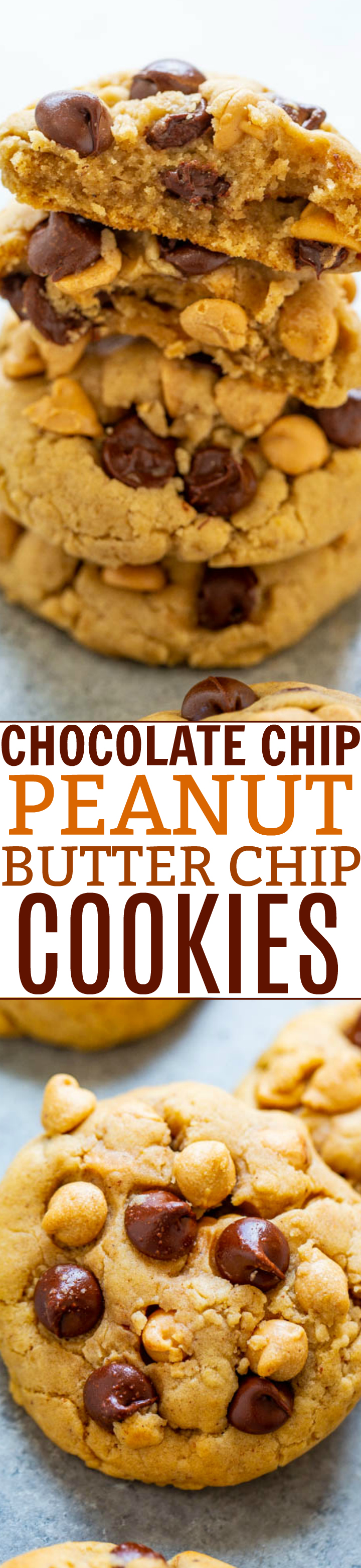 Chocolate Chip Peanut Butter Chip Cookies – Super soft, perfectly chewy, BROWNED BUTTER cookies that are LOADED with two kinds of chips!! An EASY one-bowl, no-mixer recipe for irresistibly DELISH cookies!!
