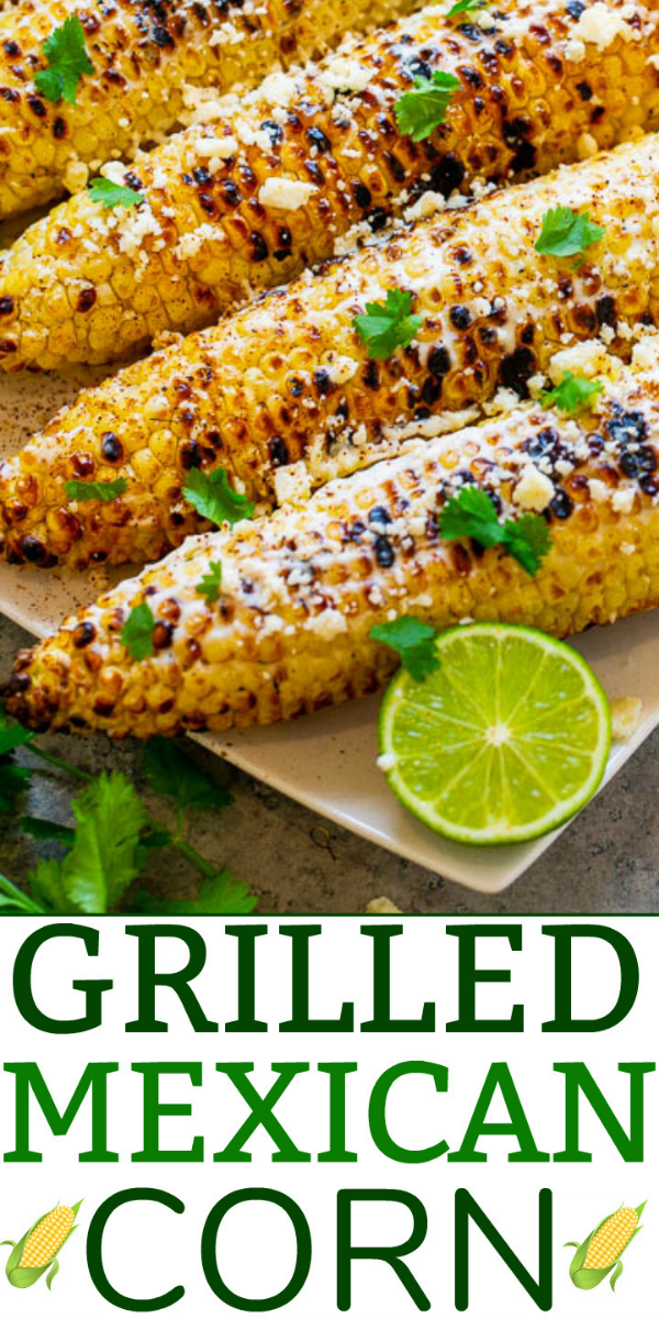Grilled Mexican Corn (Elote) — Learn how to make this EASY and FLAVORFUL grilled Mexican street corn at home in minutes!! Fresh sweet corn is covered in crema, cheese, and finished with chili, lime juice, and cilantro!!