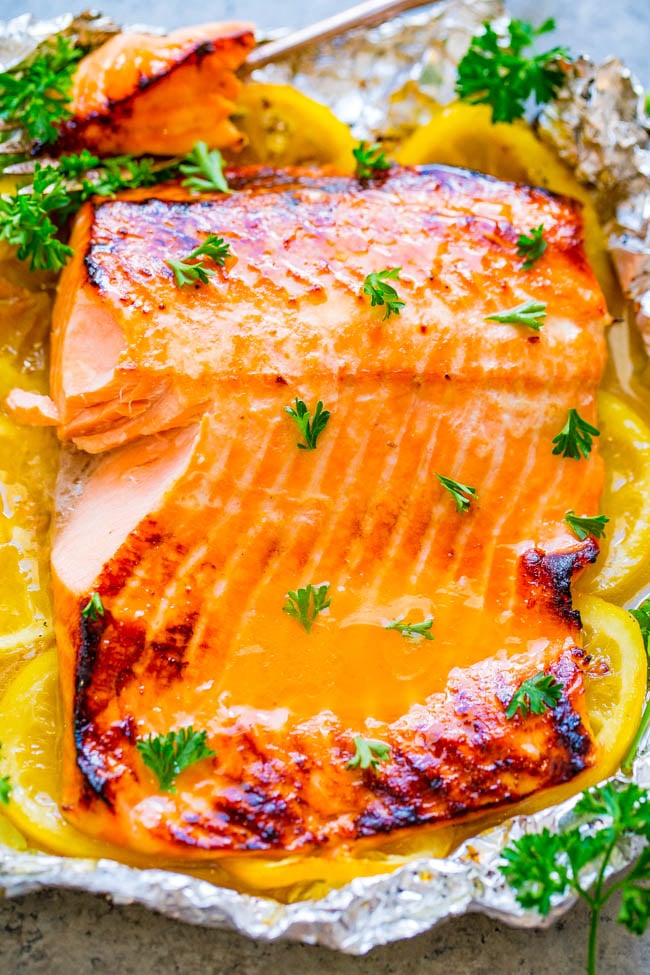 Grilled Honey Lemon Butter Salmon - EASY, ready in 10 minutes, and a FOOLPROOF way to make grilled salmon!! Wonderfully tender, so juicy, just melts in your mouth, and has FABULOUS flavor!!