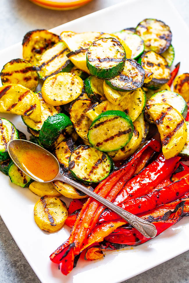 Grilled Vegetables with Smoky Honey Mustard Sauce on a white plate 