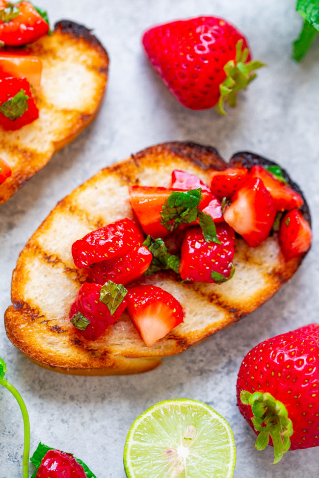 Grilled Balsamic Strawberry Crostini — Impress your friends and family with these fun, FAST and EASY crostini appetizer!! The salsa has so much FLAVOR from the strawberries, mint, lime, juice, and balsamic vinegar!!