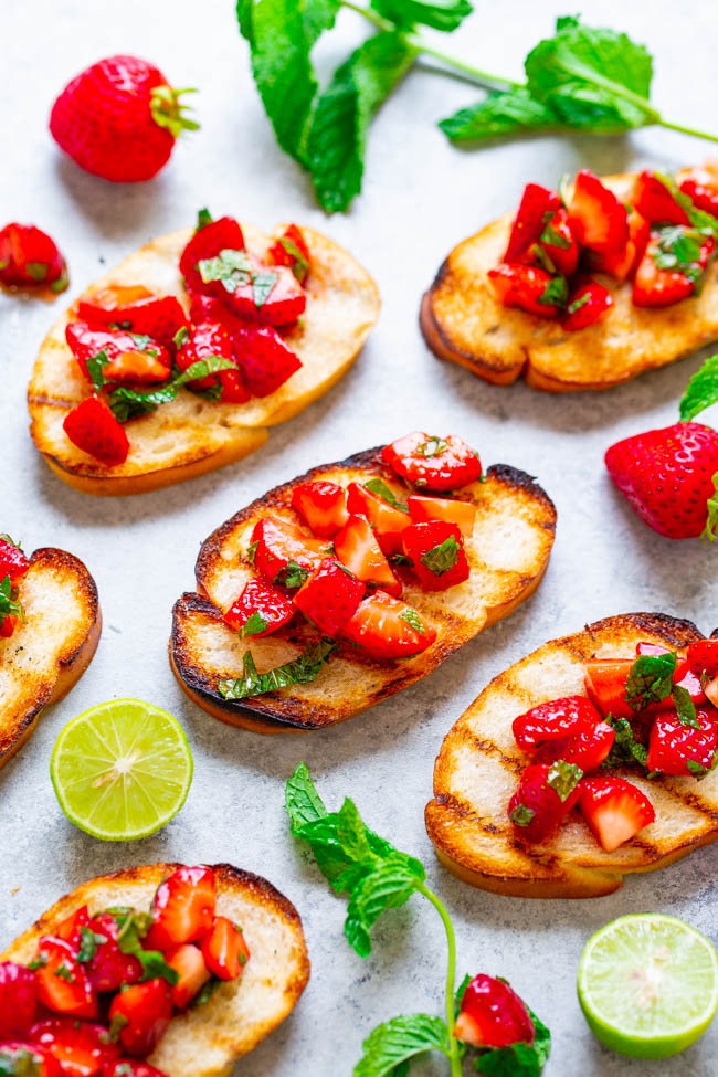 Grilled Toast with Strawberry Balsamic Mint Salsa - Impress your friends and family with these fun, FAST and EASY grilled toasts!! The salsa has so much FLAVOR from the strawberries, mint, lime, juice, and balsamic vinegar!!