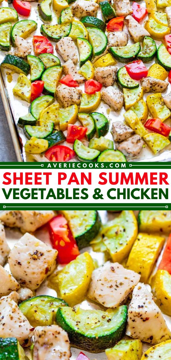 Summer Sheet Pan Chicken and Veggies — Fast, EASY, HEALTHY, and perfect for your seasonal summer zucchini, squash and tomatoes!! A DELISH one-pan meal with zero cleanup that's great for lazy summer days or busy weeknights!!