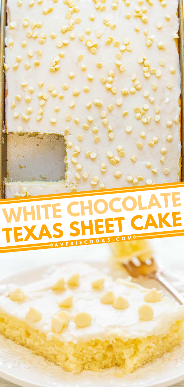 White Texas Sheet Cake — A fast, EASY, no-mixer cake that's soft, fluffy, tender, and just melts in your mouth!! The white chocolate twist on a traditional Texas chocolate sheet cake is DELISH! A perfect PARTY cake!!