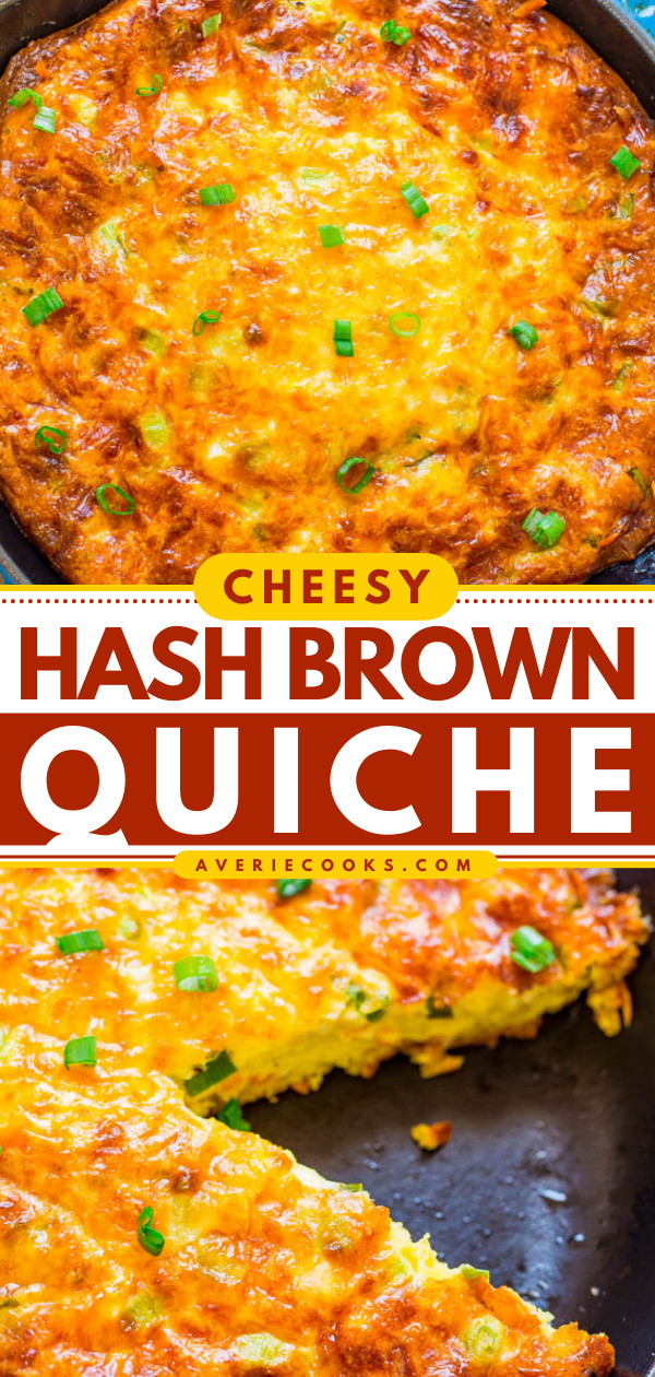 Cheesy Hash Brown Crust Quiche — This EASY quiche uses crispy hash browns as the crust and is topped with cheesy eggs!! The ultimate comfort food brunch or breakfast-for-dinner recipe that everyone LOVES!!