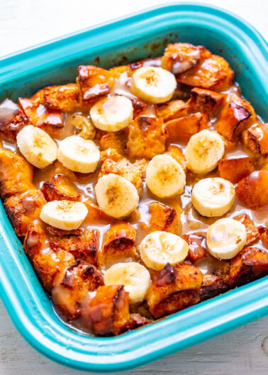 Banana bread casserole in a blue baking dish.