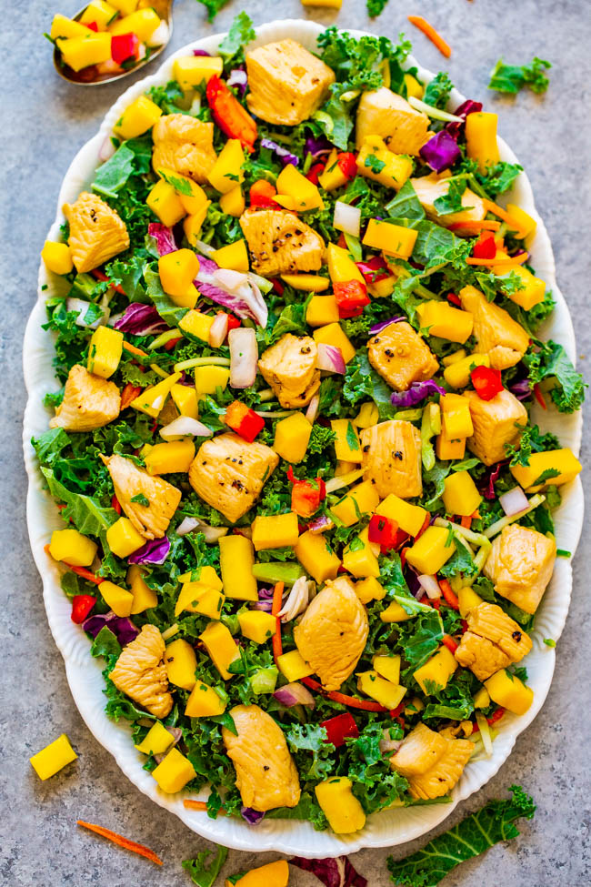 15-Minute Teriyaki Chicken and Mango Salad - Fast, EASY, healthy, and sweet mango is the perfect complement to the savory teriyaki chicken!! Save this recipe for when you need a FRESH and TASTY spin on chicken salad!!