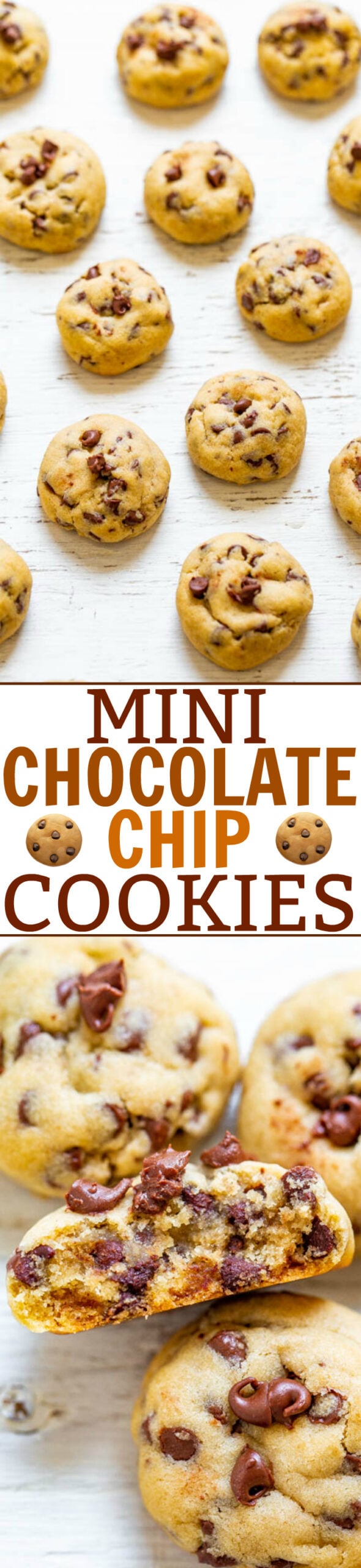 An array of mini chocolate chip cookies, some whole and one broken in half to show the inside, with text "mini chocolate chip cookies" overlaying the image.