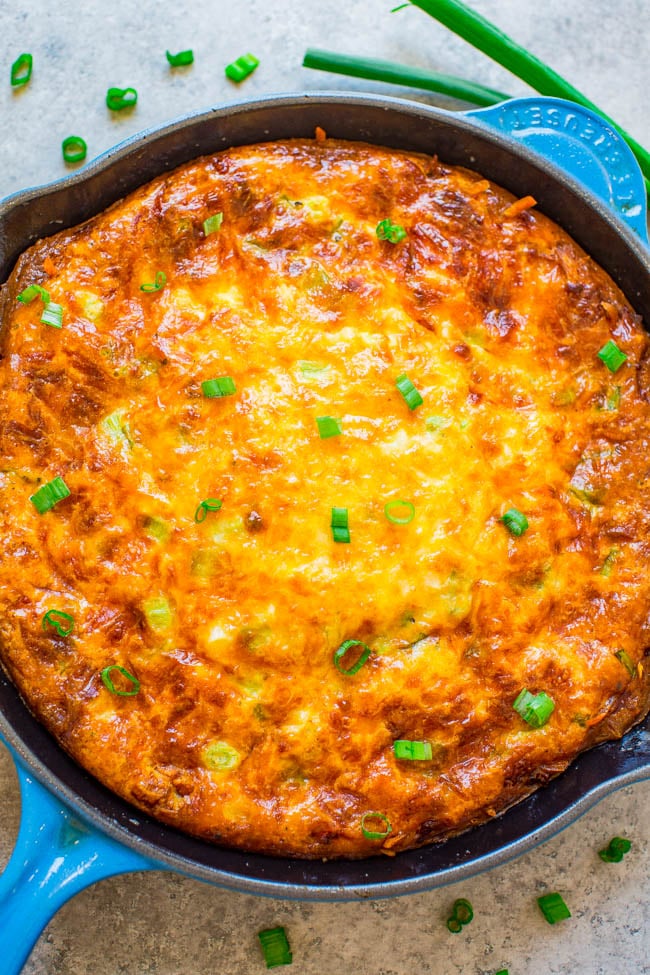 Cheesy Hash Brown Crust Quiche — This EASY quiche uses crispy hash browns as the crust and is topped with cheesy eggs!! The ultimate comfort food brunch or breakfast-for-dinner recipe that everyone LOVES!!