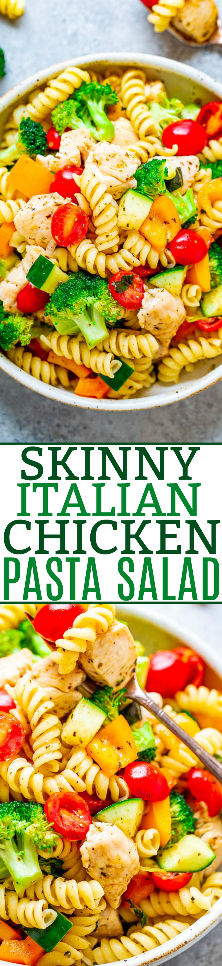 Skinny Pasta Salad with Italian Dressing — EASY, ready in 30 minutes, feeds a crowd, and is on the SKINNY side!! Juicy chicken, fresh veggies, and the pasta are tossed in a light and tangy homemade Italian lemon vinaigrette!!