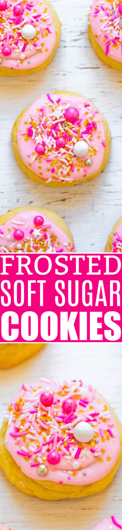 Frosted Soft Sugar Cookies - Super SOFT sugar cookies that just melt in your mouth!! If you've ever thought that sugar cookies can be boring or dry, this EASY recipe with frosting and sprinkles will change your mind! Absolutely DELISH!!