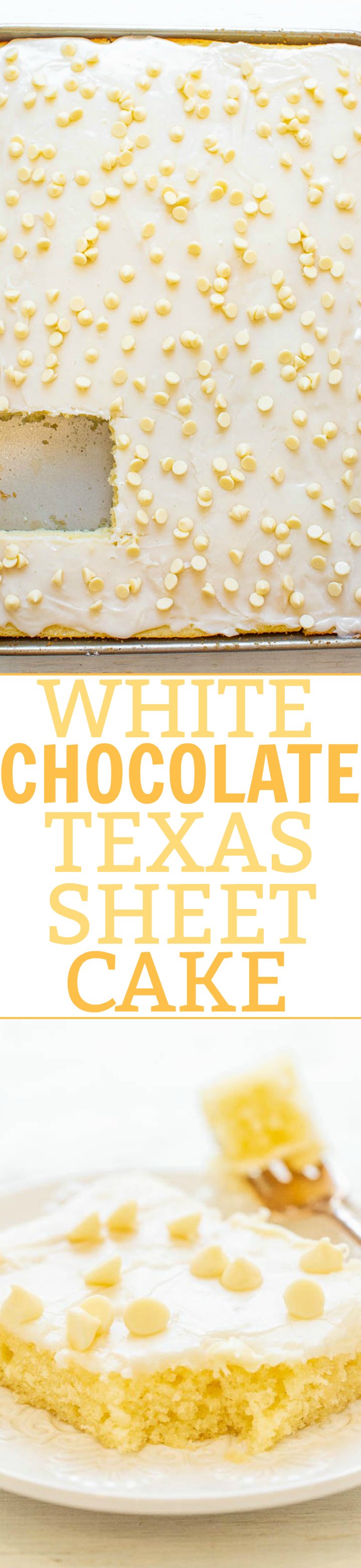 White Texas Sheet Cake — A fast, EASY, no-mixer cake that's soft, fluffy, tender, and just melts in your mouth!! The white chocolate twist on a traditional Texas chocolate sheet cake is DELISH! A perfect PARTY cake!!