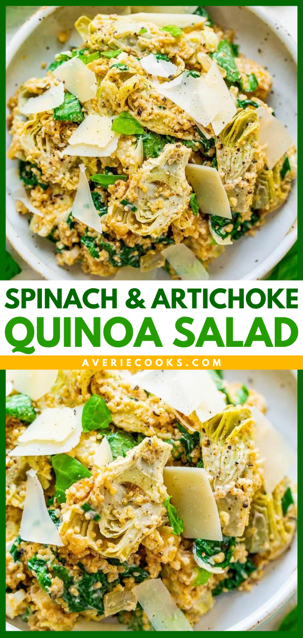 Spinach And Artichoke Quinoa Salad - All the flavors of classic spinach and artichoke dip are in this HEALTHY salad!! The only thing that's missing is tons of fat and calories! FAST, EASY, naturally gluten-free, vegetarian, and tastes DELISH!!