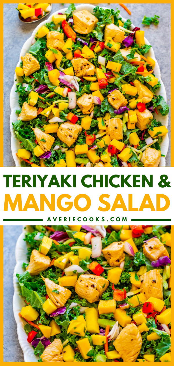 15-Minute Teriyaki Chicken Salad — Fast, EASY, healthy, and sweet mango is the perfect complement to the savory teriyaki chicken!! Save this recipe for when you need a FRESH and TASTY spin on chicken salad!!