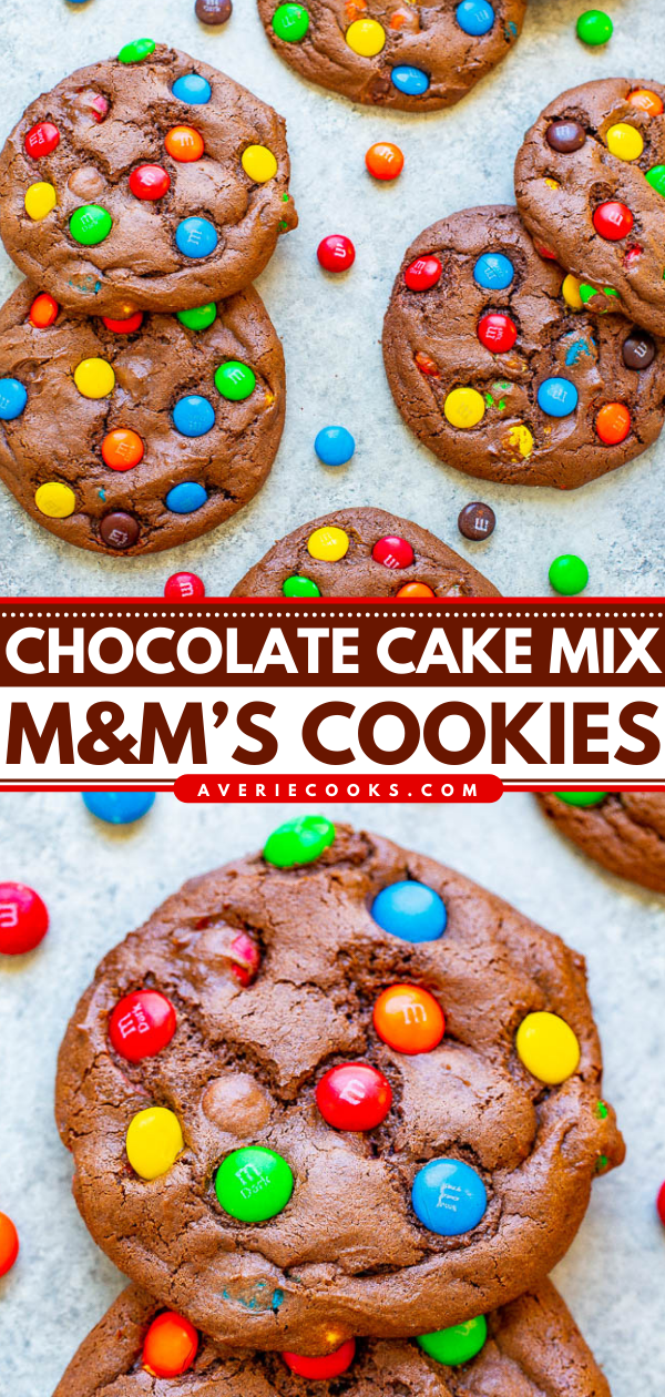 M&M's Chocolate Cake Mix Cookies — Foolproof cookies made with just 5 ingredients!! If you're craving chocolate and want to make super EASY cookies that are soft, FUDGY, and delicious, this is the recipe to make!!