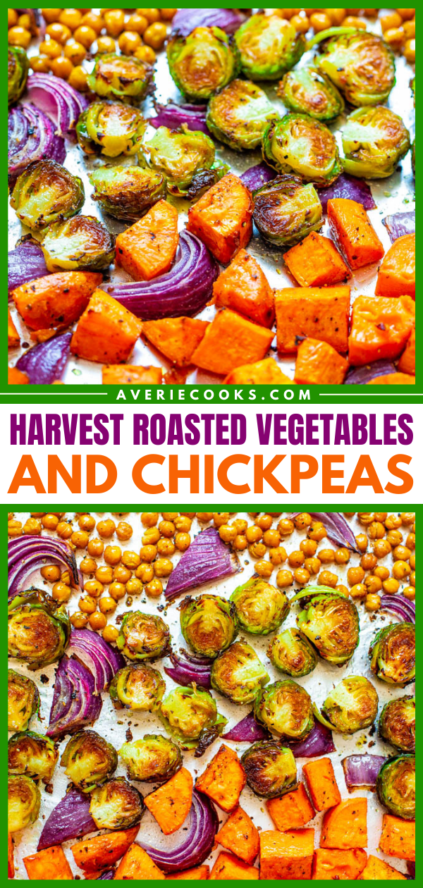 Roasted Fall Vegetables with Chickpeas — Fast, easy, HEALTHY, and a great recipe to try as a meatless main or as a satisfying plant-based lunch!! So much FLAVOR in the veggies from the spices and the chickpeas turn crispy!!
