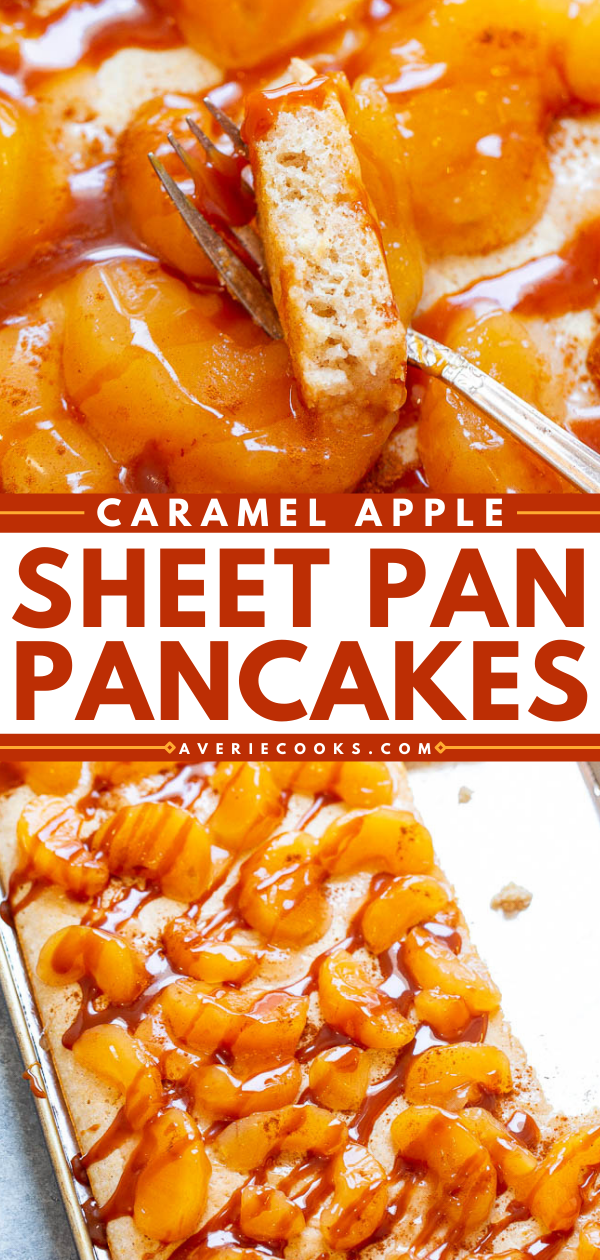Caramel Apple Sheet Pan Pancakes - Craving pancakes but not the work of standing at the stove flipping them? Make these EASY sheet pan pancakes!! Perfect for a weekend brunch or as a weekday breakfast because they're ready in 10 minutes!!