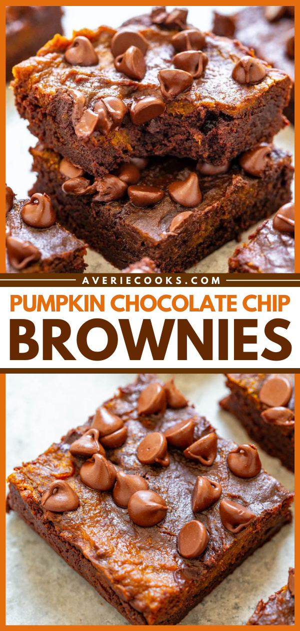 Chocolate Pumpkin Brownies — Rich, fudgy brownies made with pumpkin and chocolate chips!! An EASY, no mixer pumpkin brownie recipe that's FASTER than using a boxed mix! Bring on pumpkin spice season!!