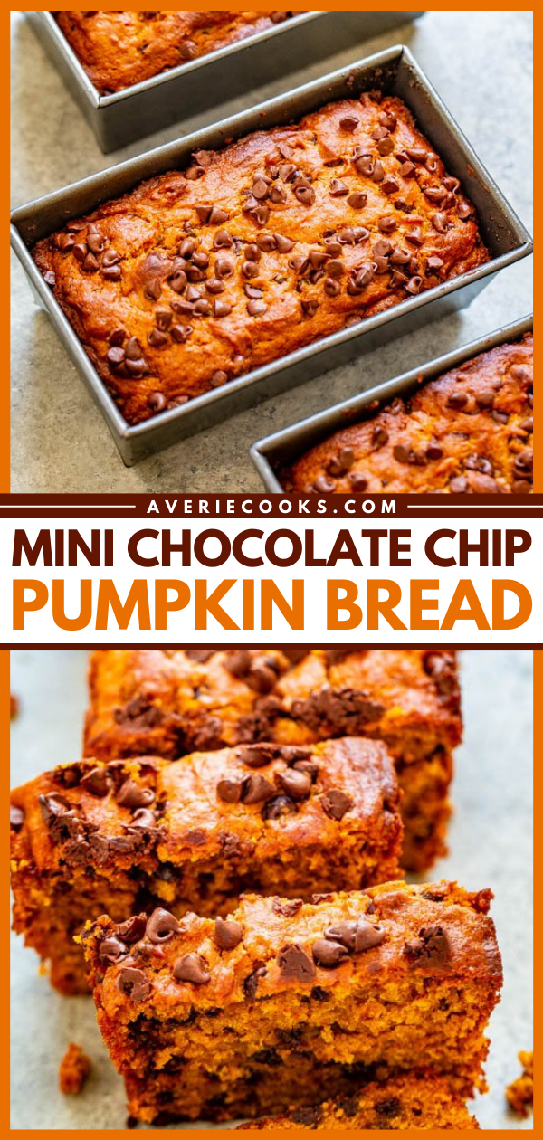 Mini Pumpkin Chocolate Chip Bread — Super soft, tender, moist pumpkin bread that's loaded with chocolate chips!! The mini loaves are EASY, brimming will fall flavors, totally IRRESISTIBLE, and accidentally vegan!!