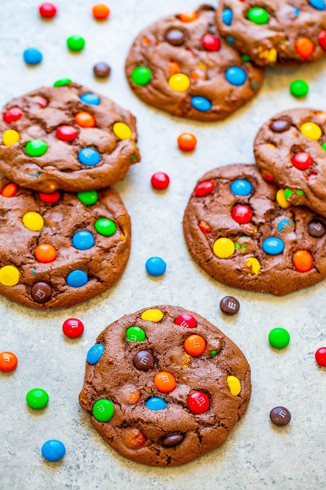 chocolate cake mix cookies with M&M's