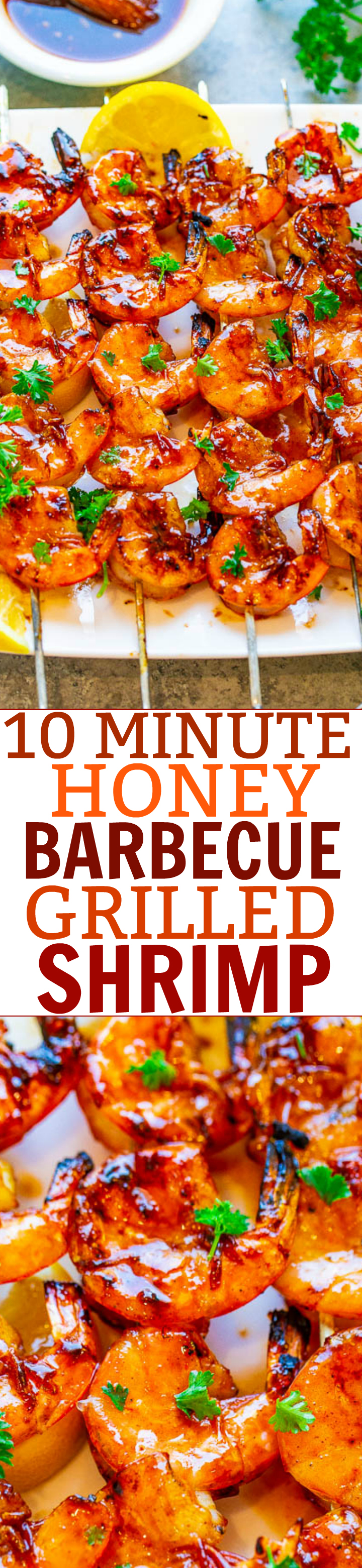 10-Minute Honey Barbecue Grilled Shrimp - Fast, EASY, healthy, ready in 10 minutes, and the perfect way to enjoy shrimp!! Tender, juicy, and full of such great FLAVOR from the barbecue sauce and honey!!