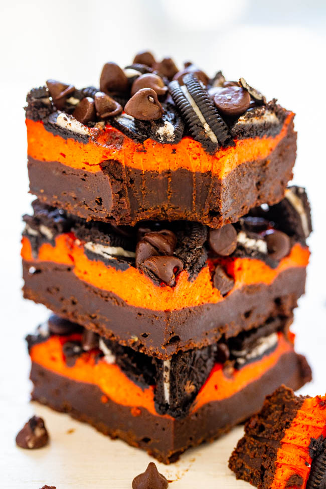 cream cheese Halloween Brownies topped with chocolate chips and Oreos