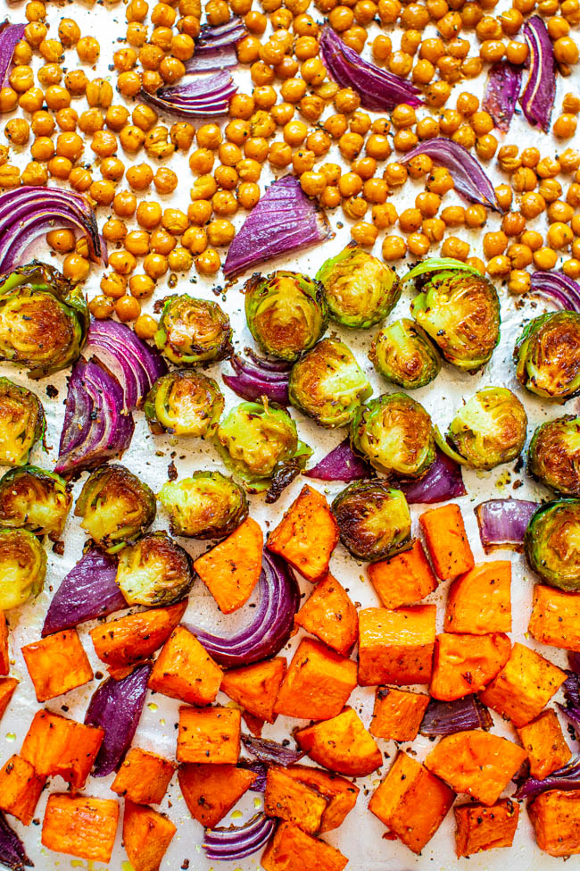 Roasted Fall Vegetables with Chickpeas on a baking sheet 