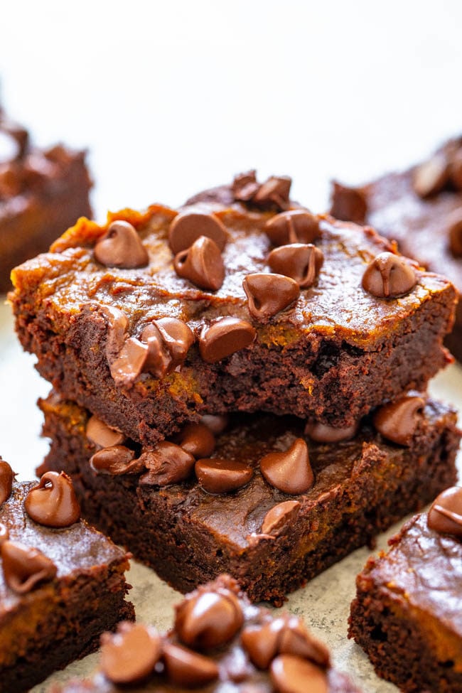 Pumpkin brownies stack with chocolate chips