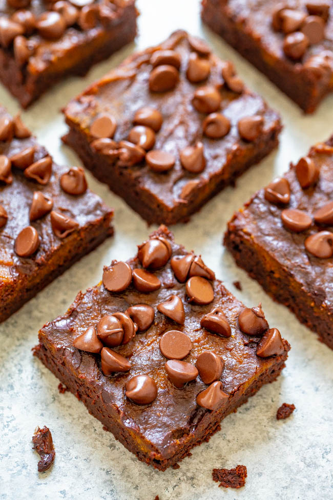 sliced Chocolate Chip Pumpkin Brownies on counter