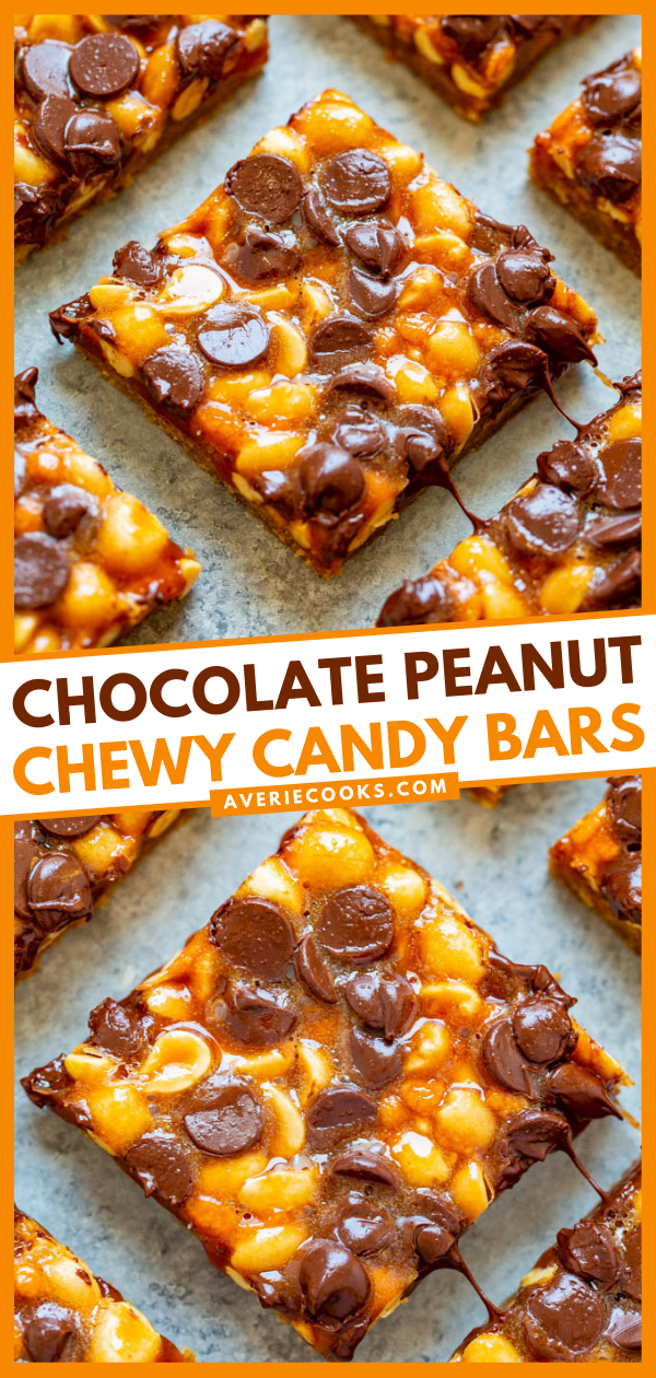 Chewy Chocolate Peanut Candy Bars — If you like See's Candies you are going to LOVE these fast, EASY, no-mixer candy bars!! Soft, EXTREMELY chewy, a little bit crunchy, with the perfect amount of chocolate! Ridiculously DELISH!!