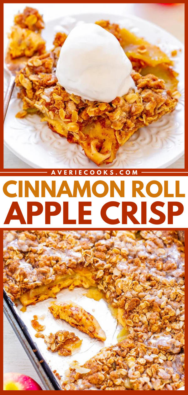 Cinnamon Roll Apple Bake — A layer of cinnamon rolls topped with apples and a crunchy oatmeal crumble makes this the ULTIMATE apple crisp!! EASY, ready in 40 minutes, and tastes AMAZING!!