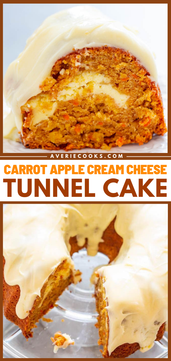 Carrot Apple Cream Cheese Cake — If you like carrot cake, you're going to LOVE this version that includes apples and a tunnel of cream cheese that runs through the center!! EASY, amazing, and a MUST-MAKE!!