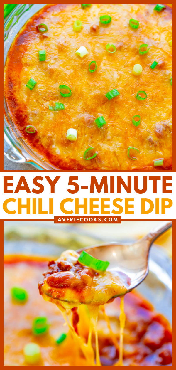 5-Minute Chili Cheese Dip — EASY, ready in 5 minutes, just 3 main ingredients, and made in the microwave!! The CHEESE is irresistible! The perfect game day or easy party appetizer that everyone LOVES!!