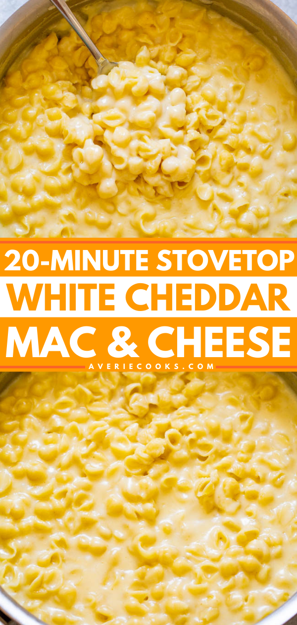20-Minute Stovetop White Cheddar Mac and Cheese — Almost as FAST and EASY as using a box but tastes a million times BETTER!! So creamy, ridiculously cheesy, and the extra sharp white cheddar cheese gives this mac and cheese so much FLAVOR!!