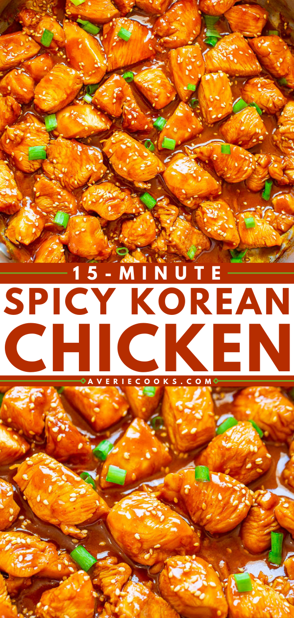 15-Minute Spicy Korean Chicken — Fast, EASY, perfectly SPICY chicken that's so tender and juicy! Who needs takeout or a restaurant when you can make this AWESOME chicken at home in 15 minutes?