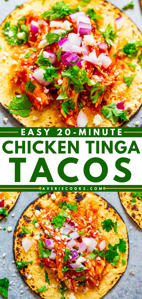 Easy Chicken Tinga Tacos — FAST, super easy, and the super juicy chicken has AUTHENTIC smoky chipotle FLAVOR!! When you're craving tacos, these are the tacos to make! 